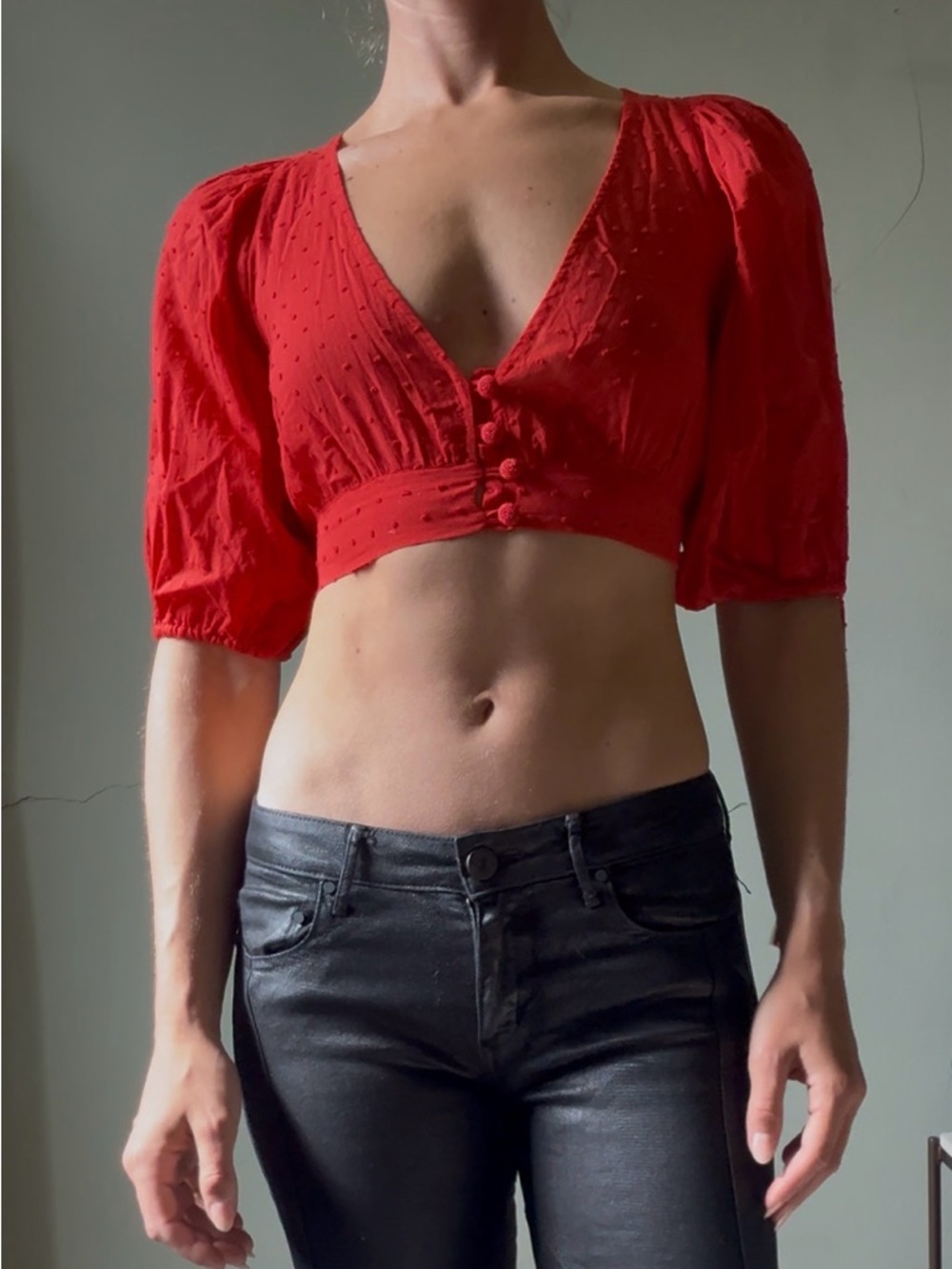 FARM Rio Scarlet Textured Puff Sleeve Crop Top